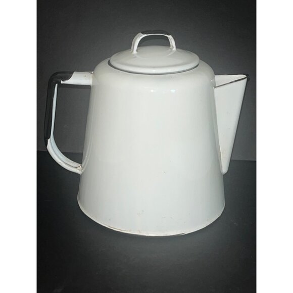 Vintage White Enamel Coffee Pot Black Trim Lid Primitive Farmhouse Decor - Picture 3 of 8